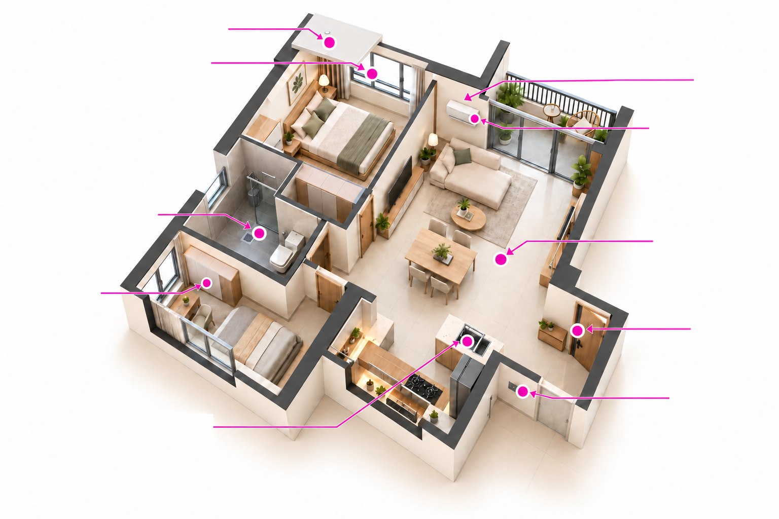 Property inspection diagram covering ceiling, windows, walls, air-conditioning, bathroom drainage, fixtures, floors and tiles, doors, electrical and plumbing